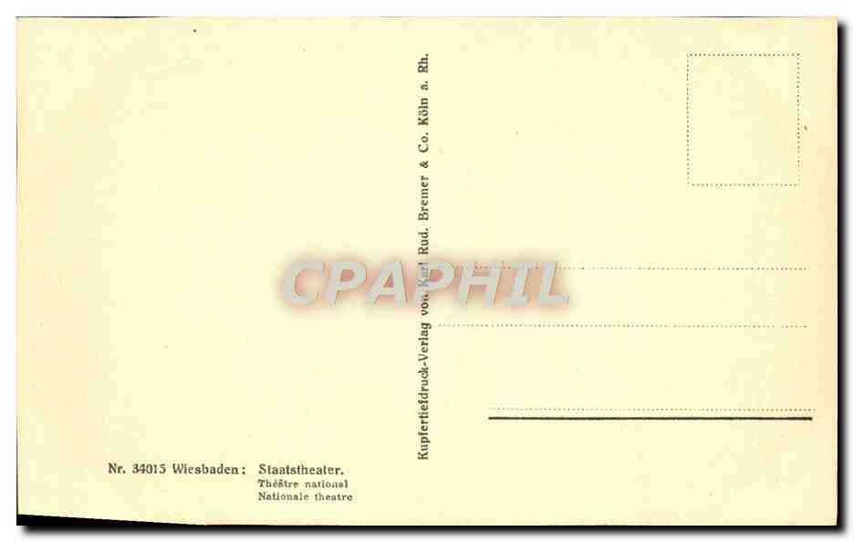 Wiesbaden, State Theatre — publisher Rud. Bremer & Co. Köln a. Rh. — no. 34015 — Back