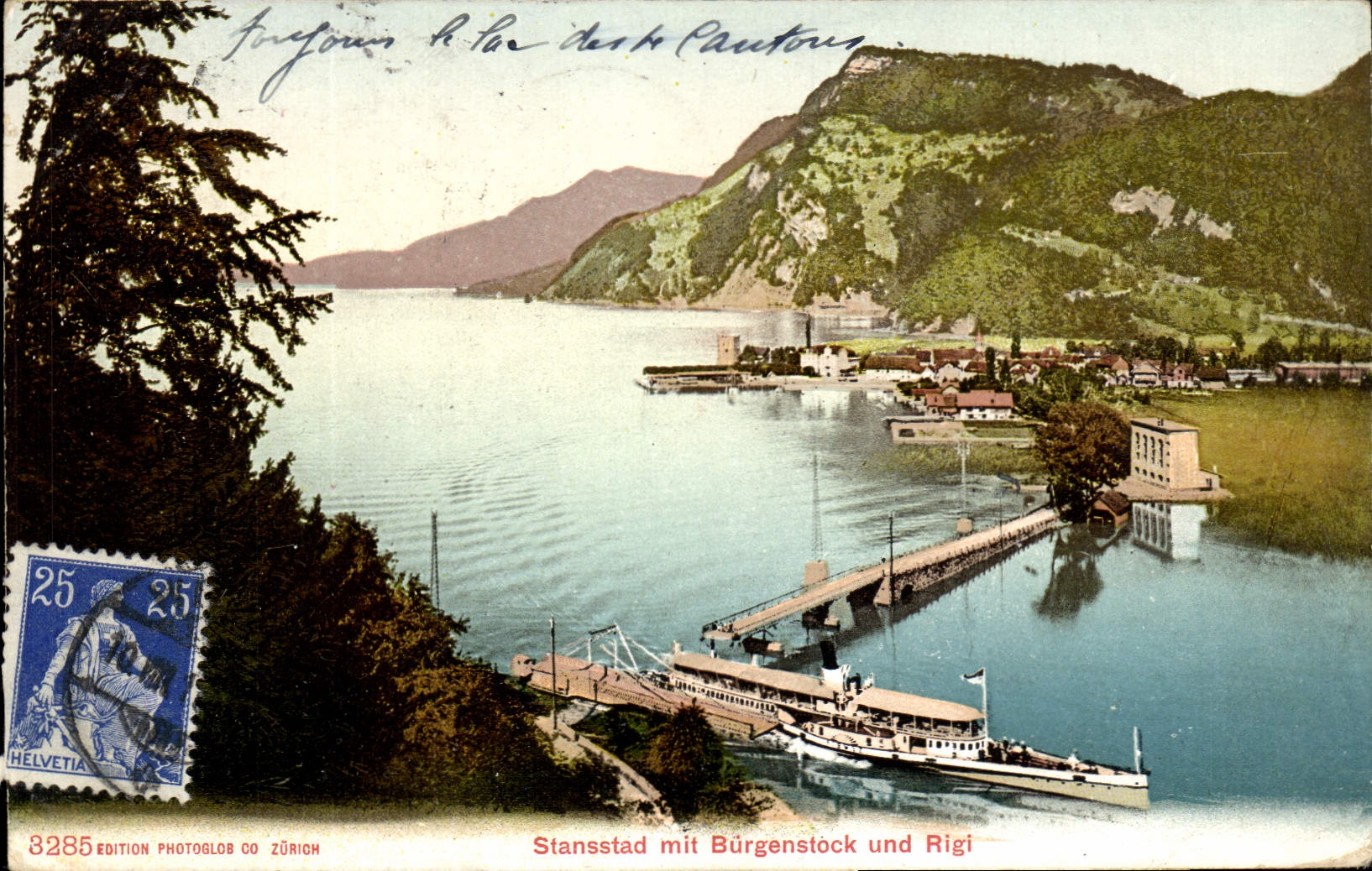 CPA Stansstad mit Burgenstock und Rigi Bateau 