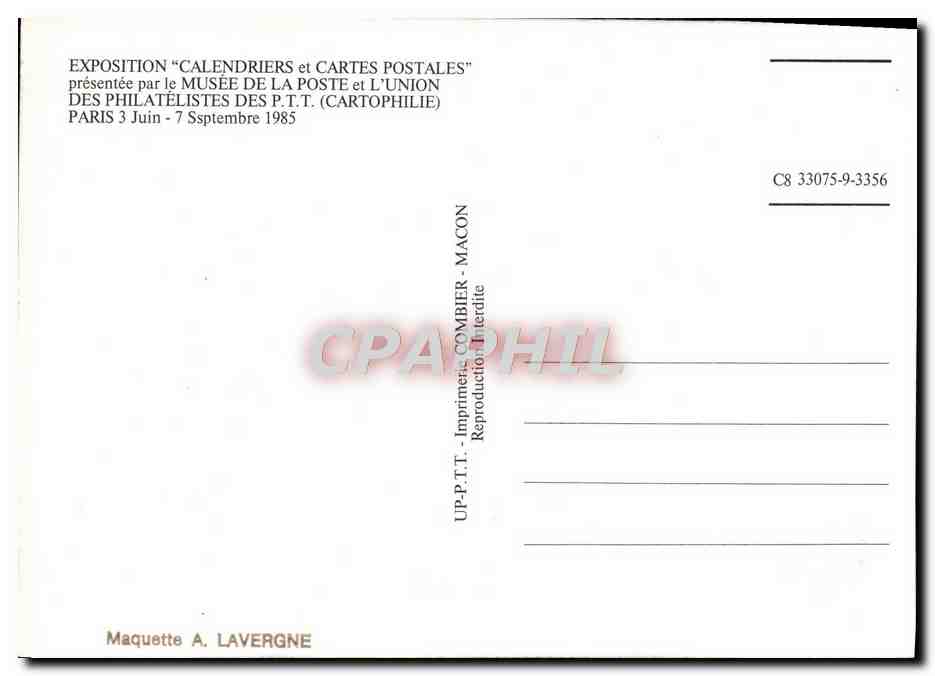 CPM Exposition Calendriers Et Cartes Postales Presentee Par Le Musee De La Poste Et l'Union Des Philatelis Des Paris  — Rückseite