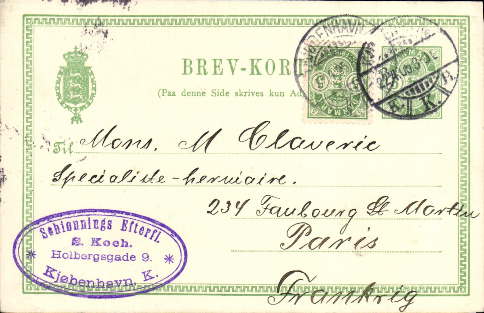 Entier Danemark 1905 pour M Claverie Faubourg St Martin Paris 