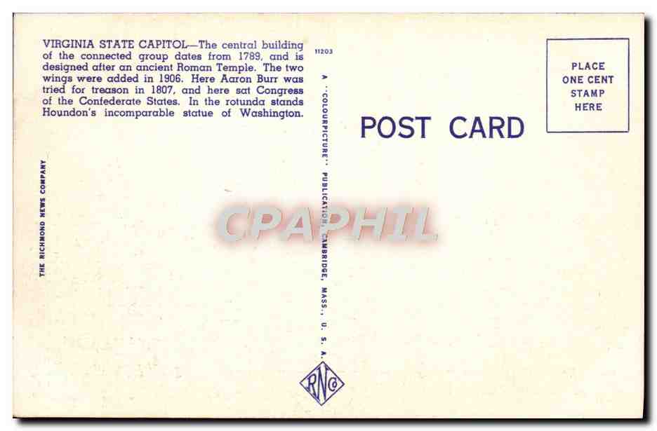 CPA State Capitol Square Capitol And City Hall Richmond Virginia — Back