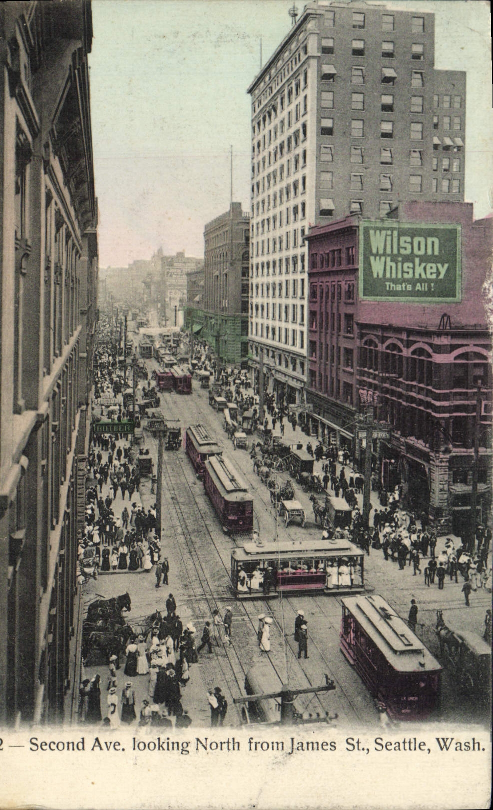 CPA Second Ave Looking North From James St Seattle Wash Tramway Wilson Whiskey