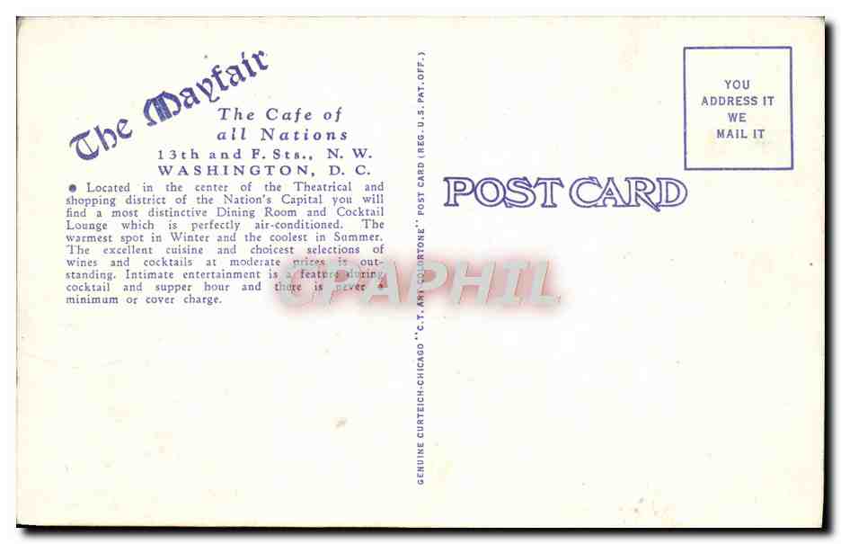 CPA The Cafe Of All Nations The Mayfair Washnington D C — Rückseite