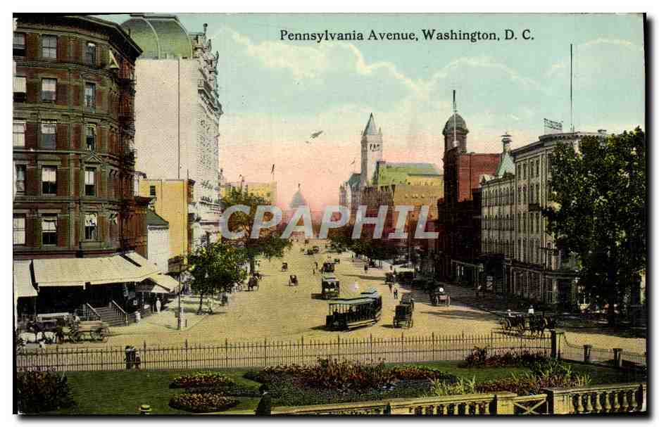 Pennsylvania Avenue, Washington, D.C. — vue urbaine avec tramway et bâtiments — éditeur non visible