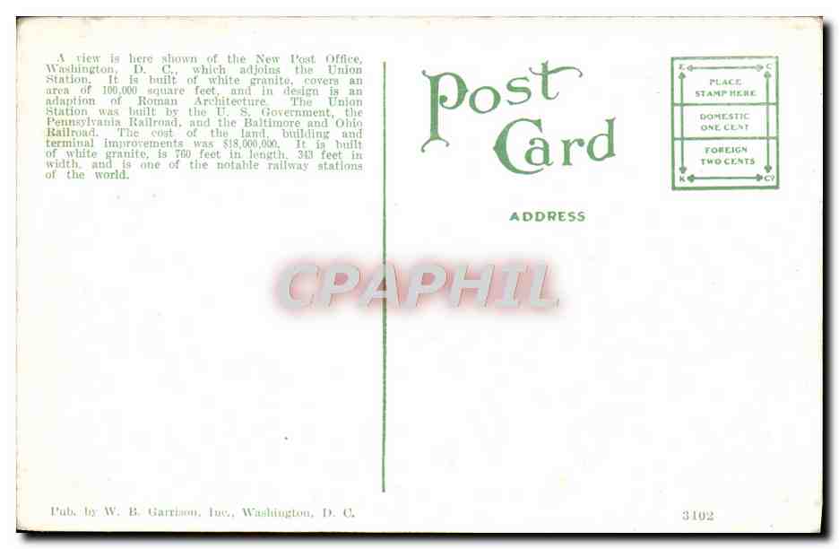CPA New Post Office And Union Station Washington D C — Rückseite