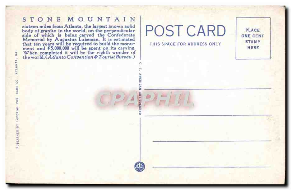 CPA Stone Mountain With Confederate Memorial Monument Atlanta Ga — Back