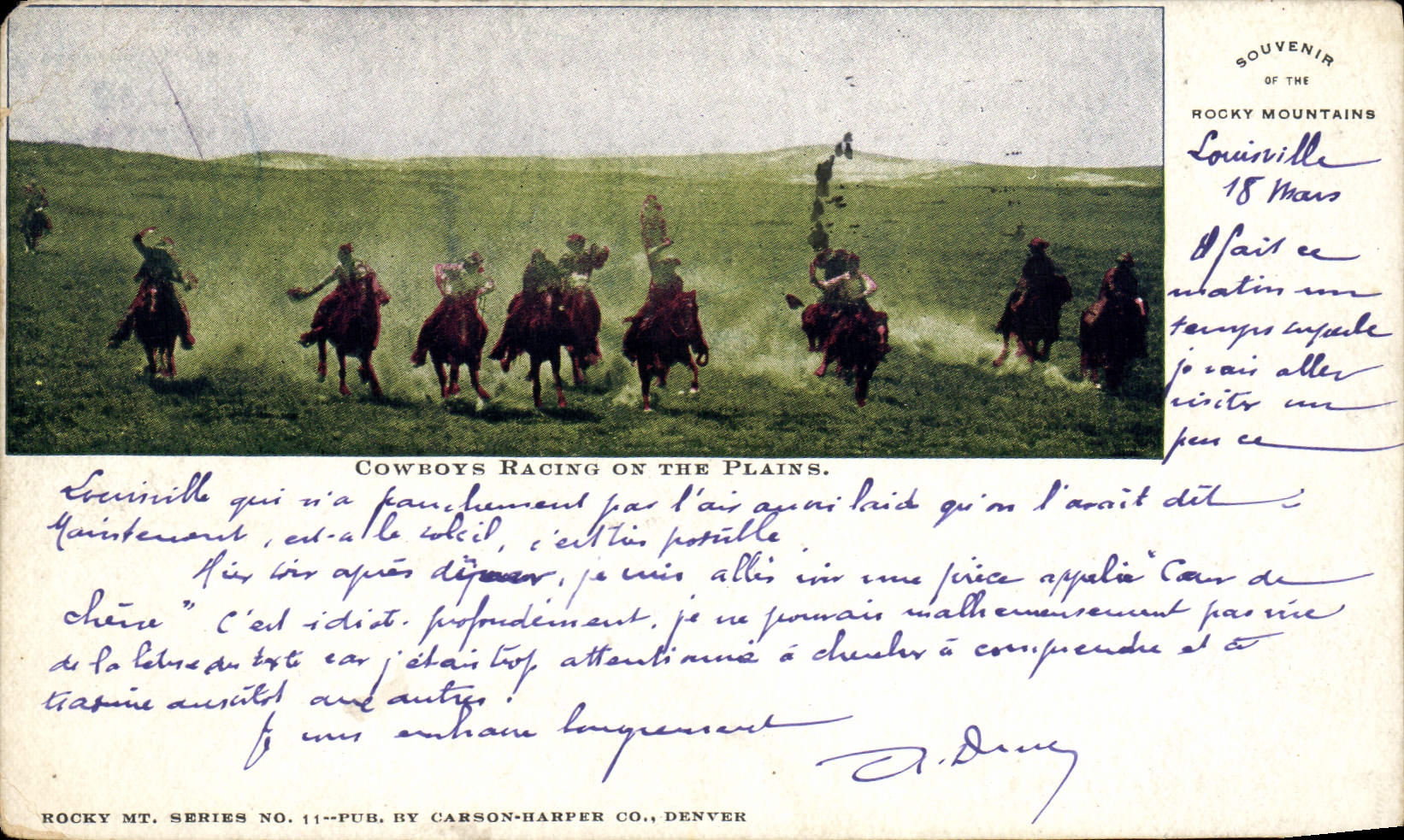 CPA Souvenir Rocky Mountains Cowboys Racing On The Plains