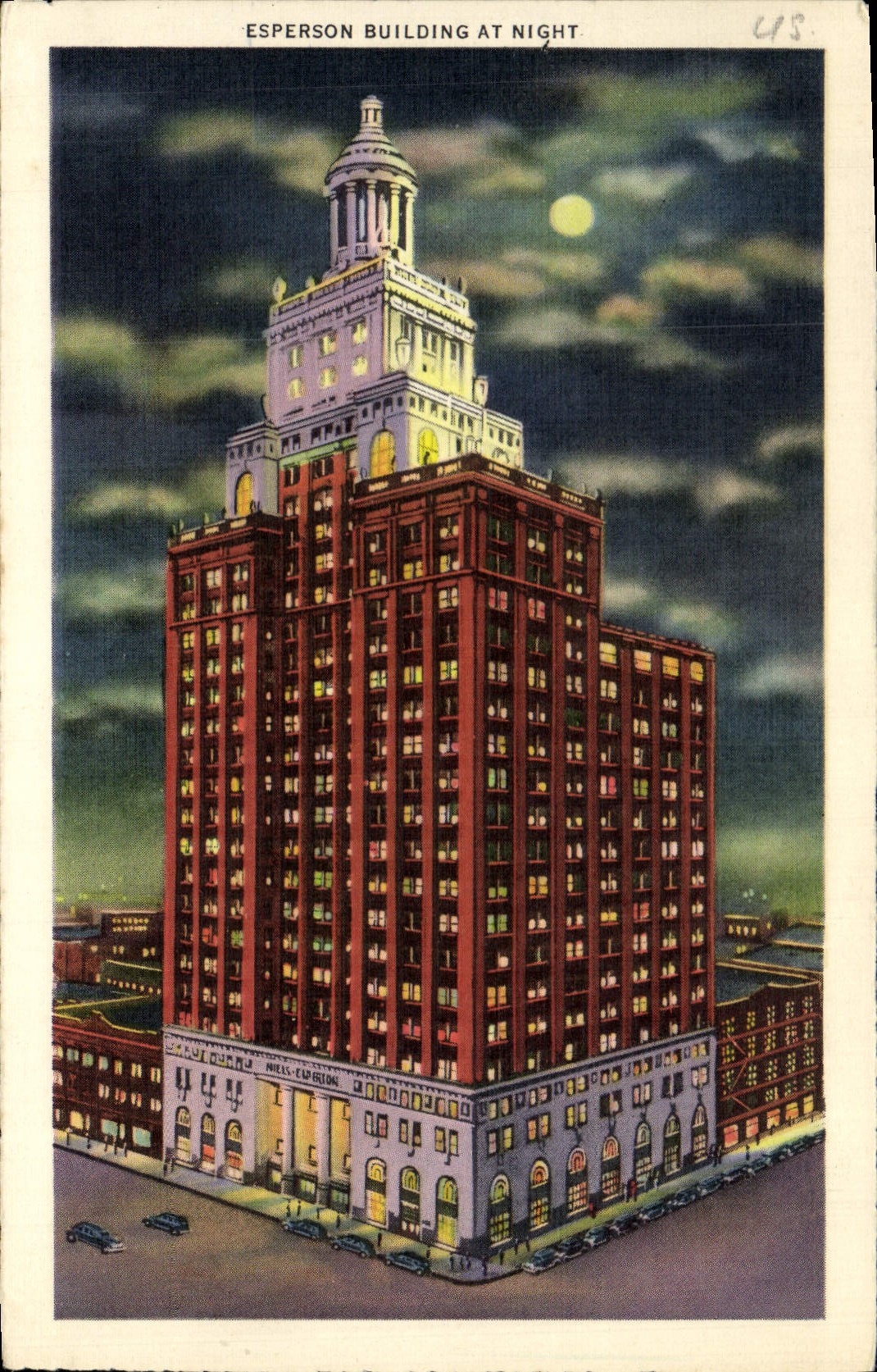 CPA Esperson Building At Night Sunken garden and Warwick Hotel 