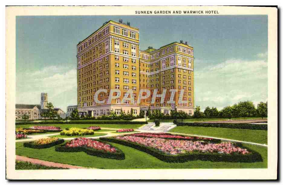 CPA Esperson Building At Night Sunken garden and Warwick Hotel  — Rückseite