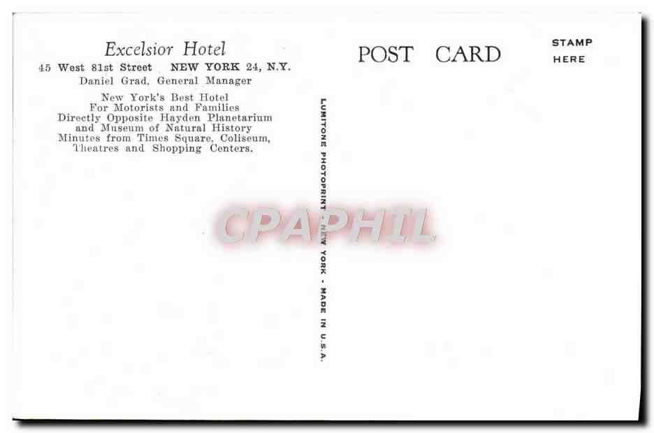 CPA Excelsior Hotel St New York City — Rückseite