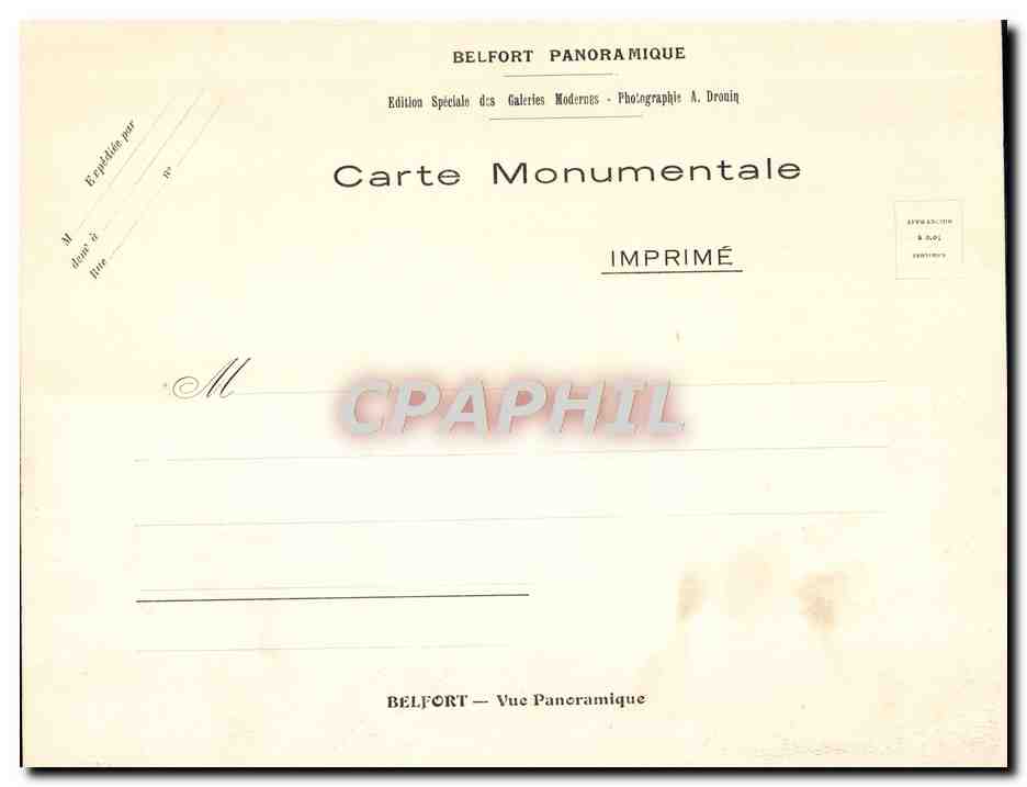 Belfort — Vue Panoramique — Édition Spéciale des Galeries Modernes - Photographie A. Drouin — Rückseite