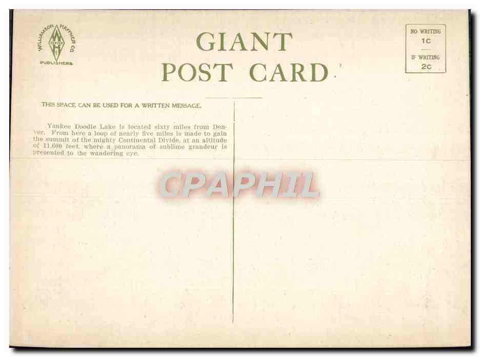 Yankee Doodle Lake, Moffat Road — carte postale illustrée — William A. Hatters Publishers — Verso