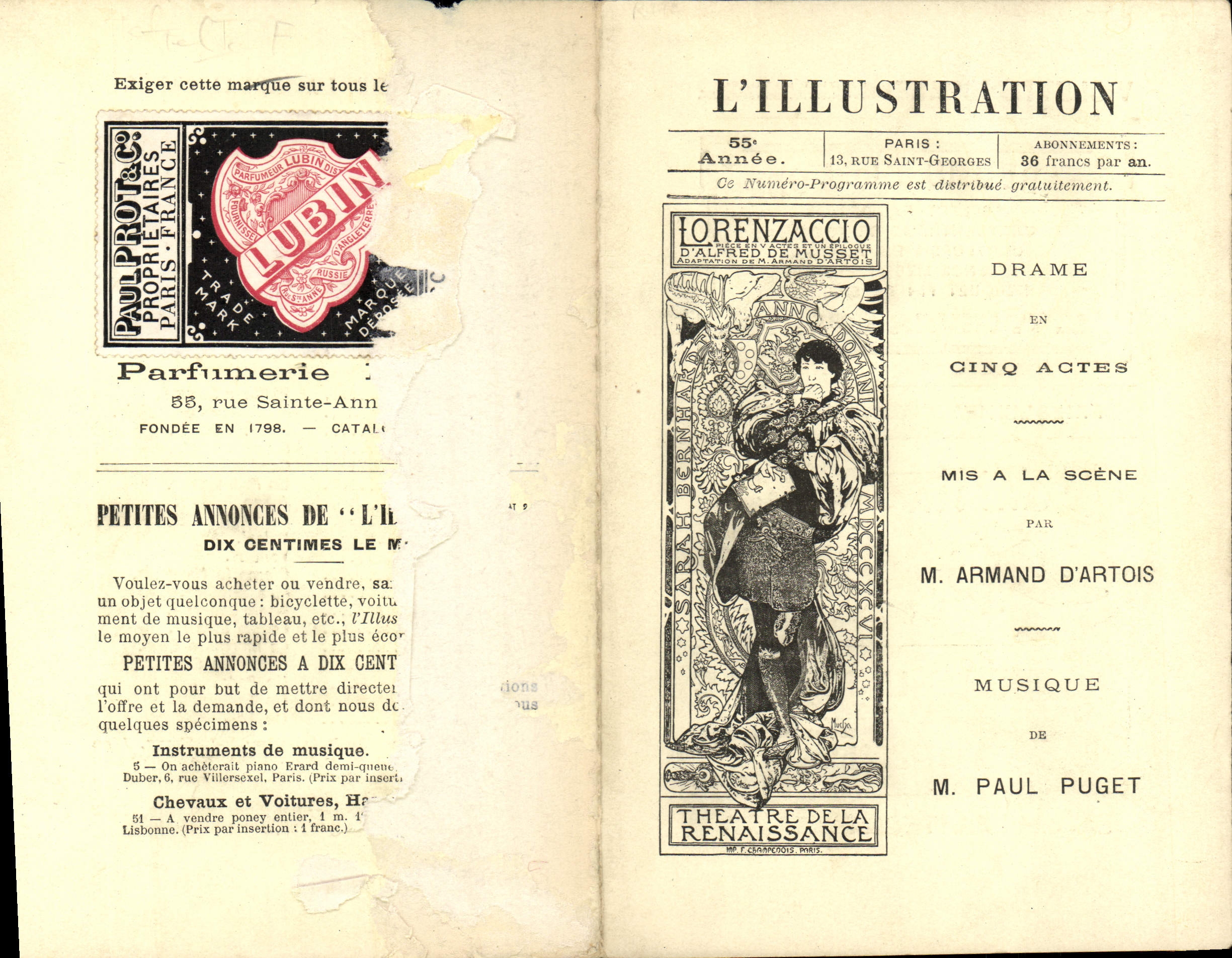 Livret de Theatre L'illustration Drame Armand d'Artois Paul Puget Lorenzaccio Alfred de Musset Illustrateur Mucha
