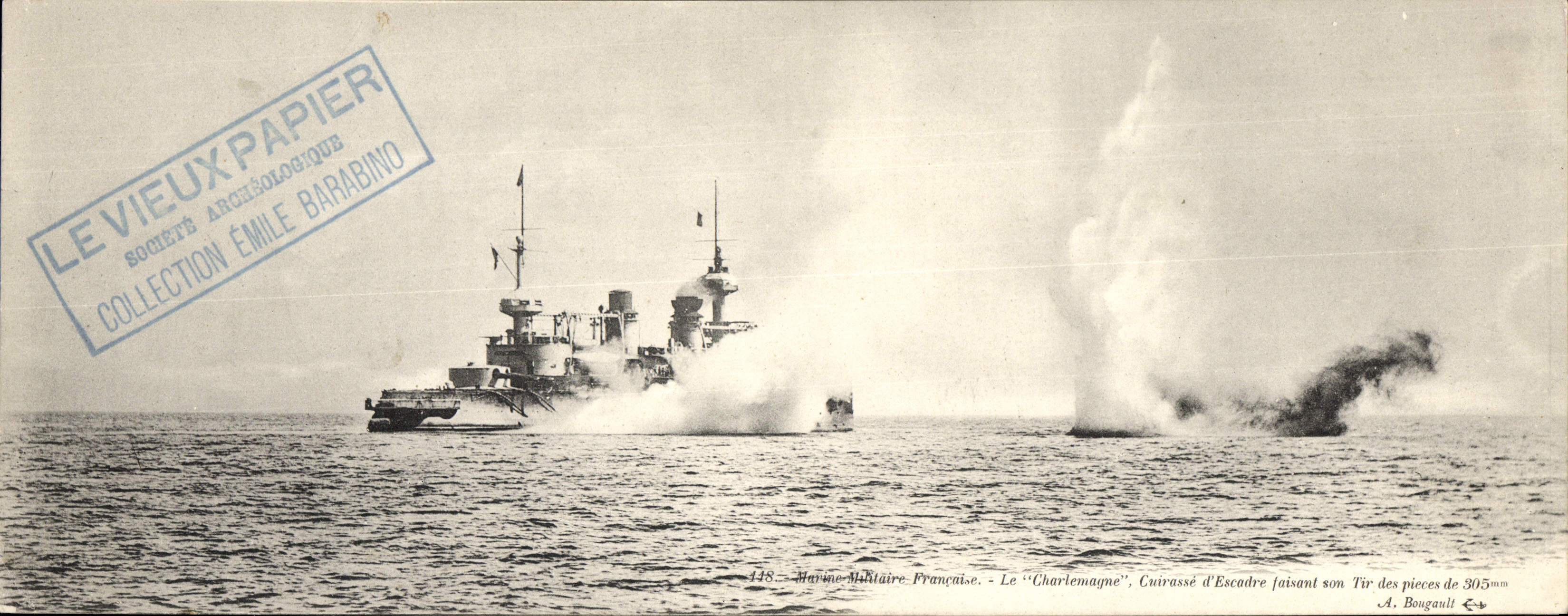 La "Charlemagne", acorazado francés — tiro de sus armas de 205 mm — editor A. Bougault, n° 138