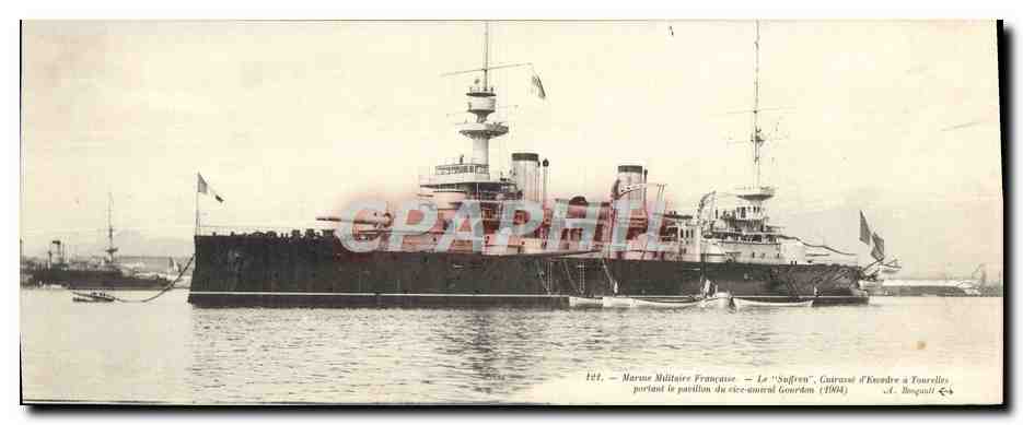 CPA Grand Format Marine Militaire Francaise Le Suffren Cuirasse d'escadre a tourelles Bateau 28 * 11 cm