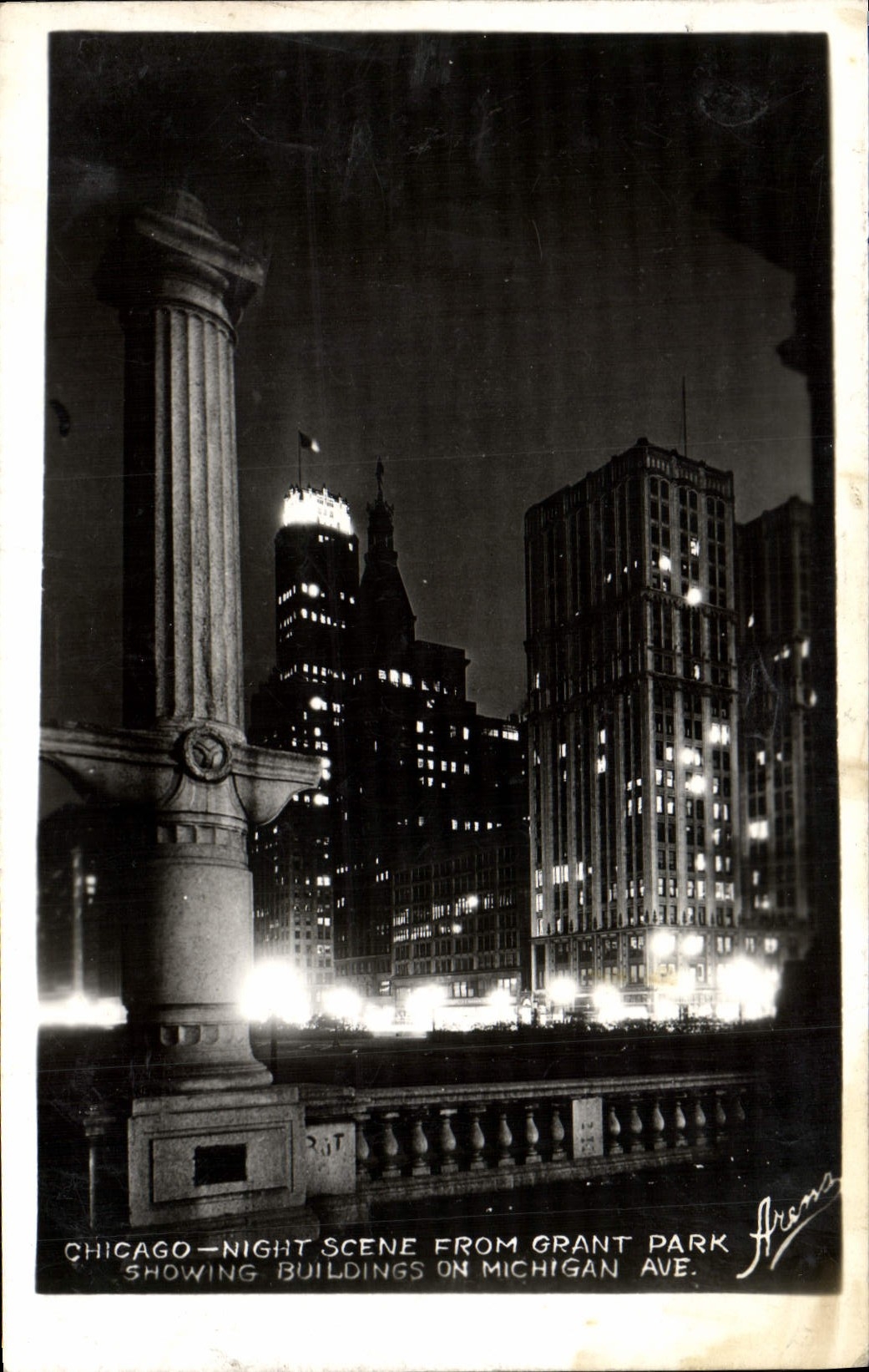 CPA Chicago Night Scene From Grant Park Showing Building On Michigan Ave