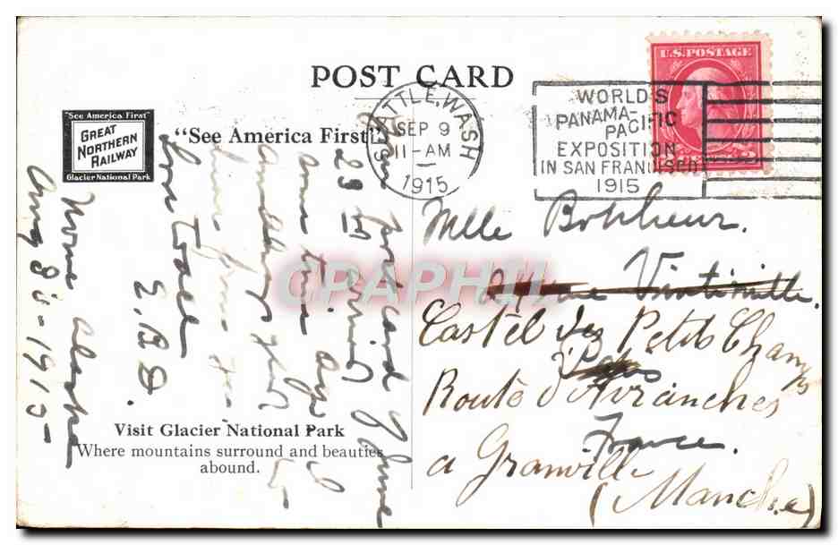 CPA Gould Mountain Anc Grinnell Lake See America First Glacier National Park Great Northern Railway — Rückseite