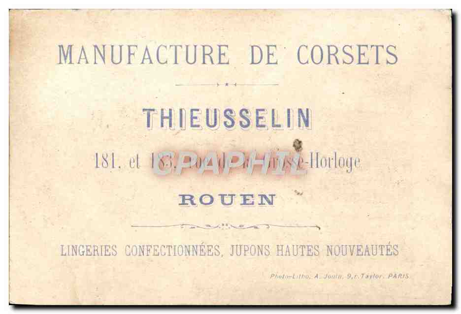 Chromo Paris Tour Jacques Nouveaux Theatres Manufacture de corset Thieusselin Rue de la Grosse Horloge Roune — Rückseite