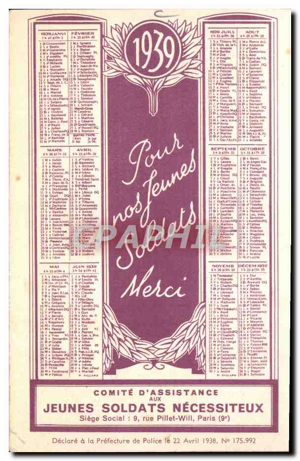 CPA Fantaisie Carte calendrier 1939 Militaria — Verso