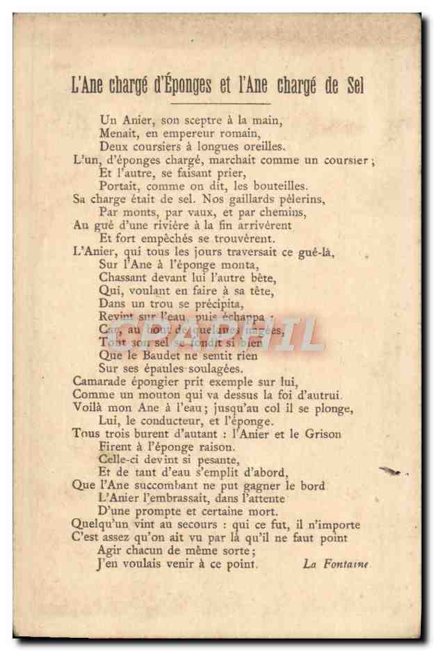 Chromo L'ane charge d'eponges et l'ane charge de sel Ane Mule La Fontaine — Rückseite