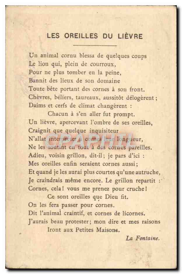 Chromo Les oreilles du lievre Lapin La Fontaine — Rückseite
