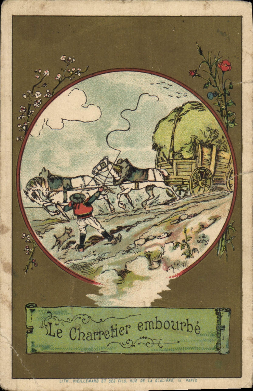 Der in den Schlamm geratene Fuhrmann — Landschaftsszene mit Wagen und Pferden — Lith. Vieillemard et ses Fils, Rue de la Glacière, 15, Paris