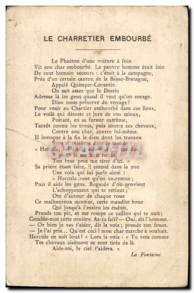 Der in den Schlamm geratene Fuhrmann — Landschaftsszene mit Wagen und Pferden — Lith. Vieillemard et ses Fils, Rue de la Glacière, 15, Paris — Rückseite