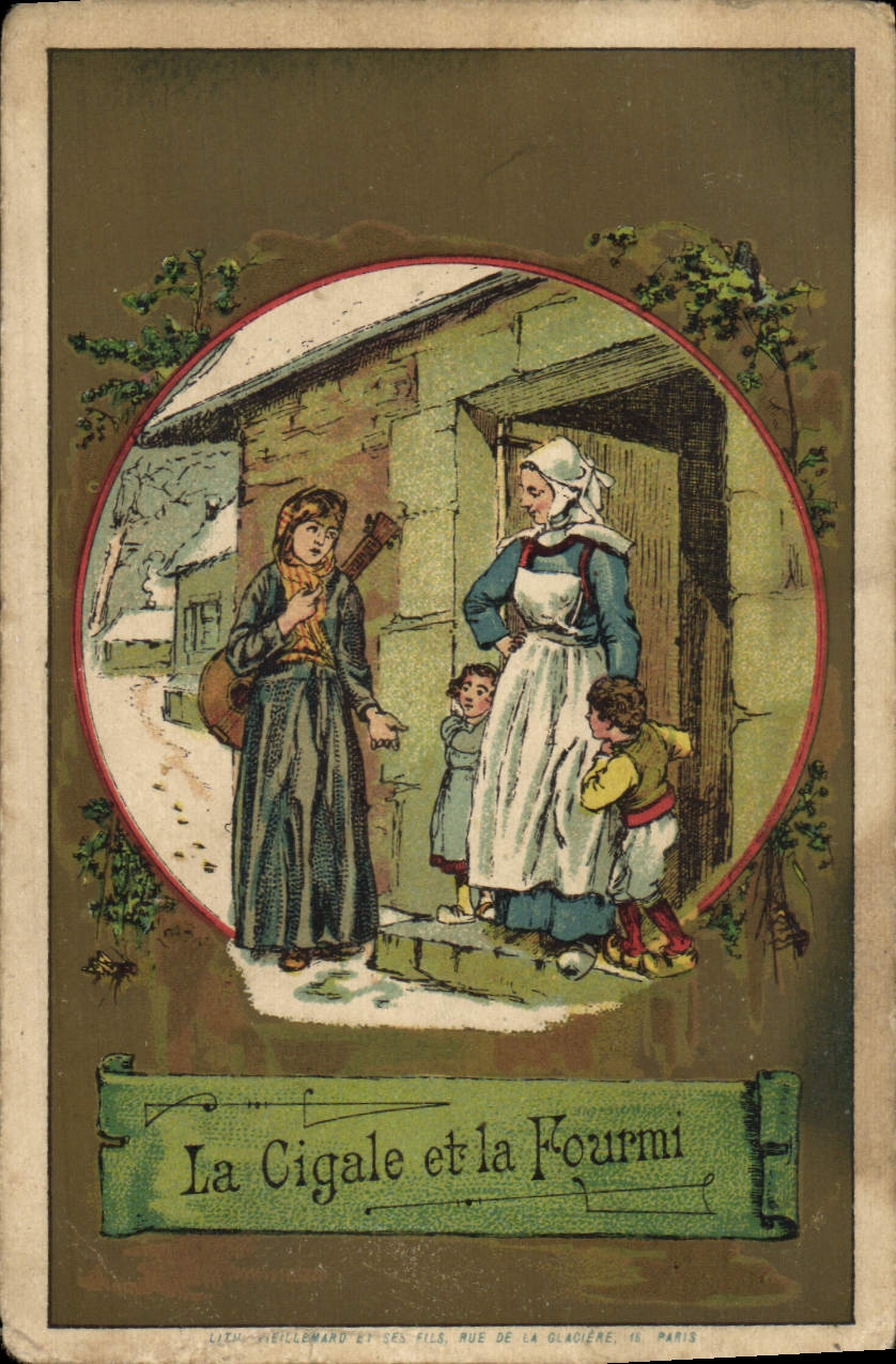 La Cigale et la Fourmi — fable de La Fontaine — Lith. Vieillemand et ses Fils, Rue de la Glacière, 10, Paris