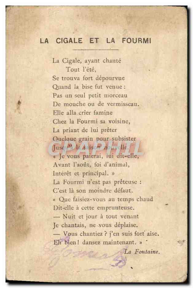 La Cigale et la Fourmi — fable de La Fontaine — Lith. Vieillemand et ses Fils, Rue de la Glacière, 10, Paris — Verso