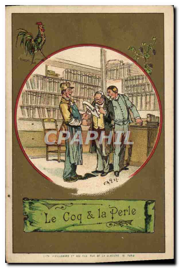 Le Coq et la Perle — fable de La Fontaine — lithographie de L. Th. Viellemand et ses fils, Rue de la Glacière 16, Paris