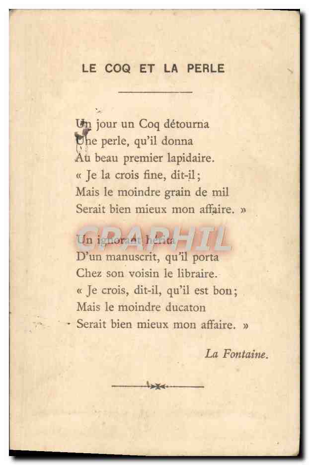 Le Coq et la Perle — fable de La Fontaine — lithographie de L. Th. Viellemand et ses fils, Rue de la Glacière 16, Paris — Verso