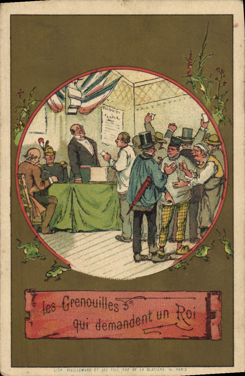 Les Grenouilles qui demandent un Roi — Lith. Vieillemard et ses Fils, Rue de la Glacière, 15, Paris