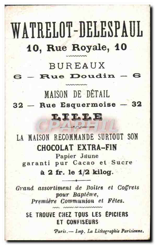 Cuisinier étonné devant une marmite fumante — série 6 — éditeur Watrelot-Delespaul, Lille — Verso