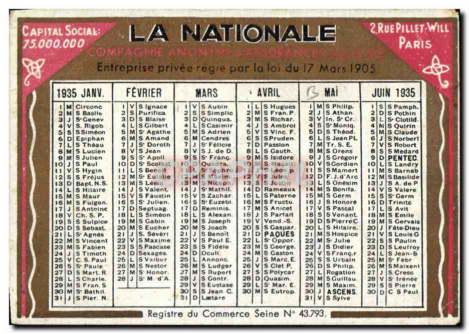Calendrier petit format 1935 La Nationale