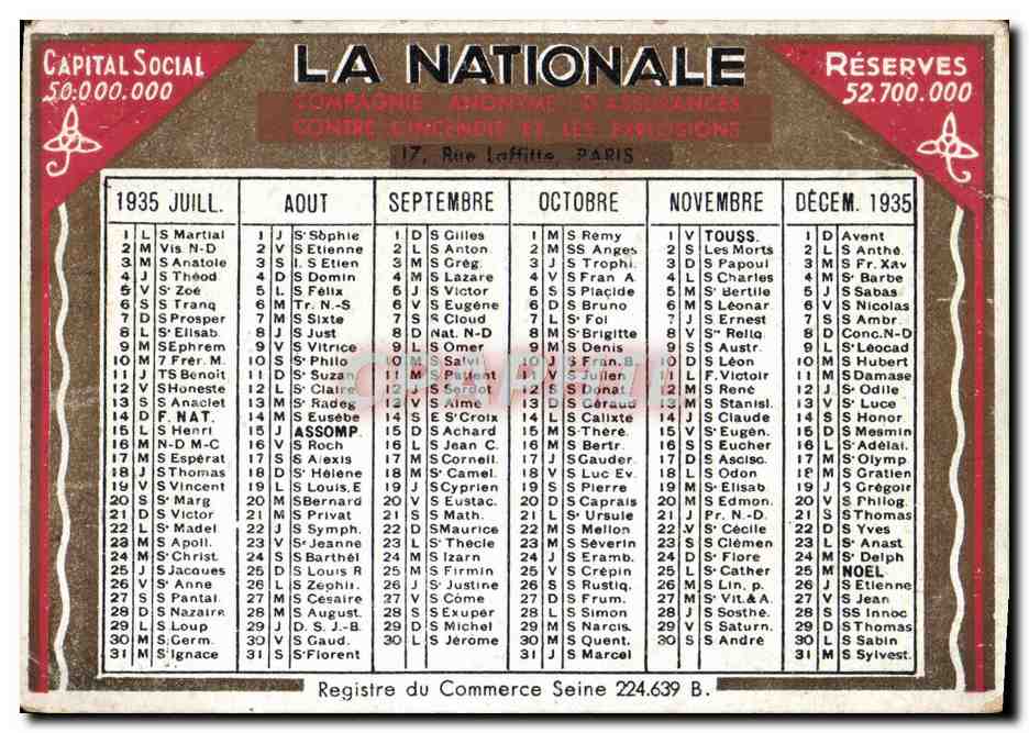 Calendrier petit format 1935 La Nationale — Rückseite