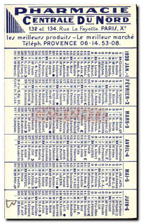 Calendrier 1939 Pharmacie Centrale du Nord Rue la Fayette Paris 10eme 