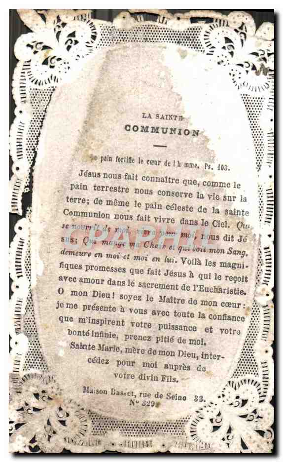 CPA Fantaisie Brodee Souvenir de communion — Rückseite