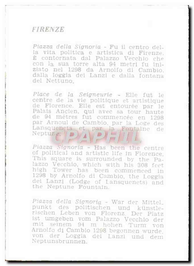 CPM Firenze Piazza Della Signoria Fu Il Centro Della Vita Politica E Artistica Di Firenze — Rückseite