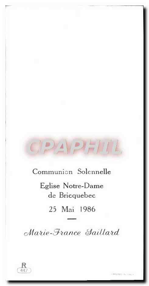 Image pieuse Salutaire Hostie Coomunion solenelle Eglise Nd de Bricquebec Mai 1986 — Rückseite
