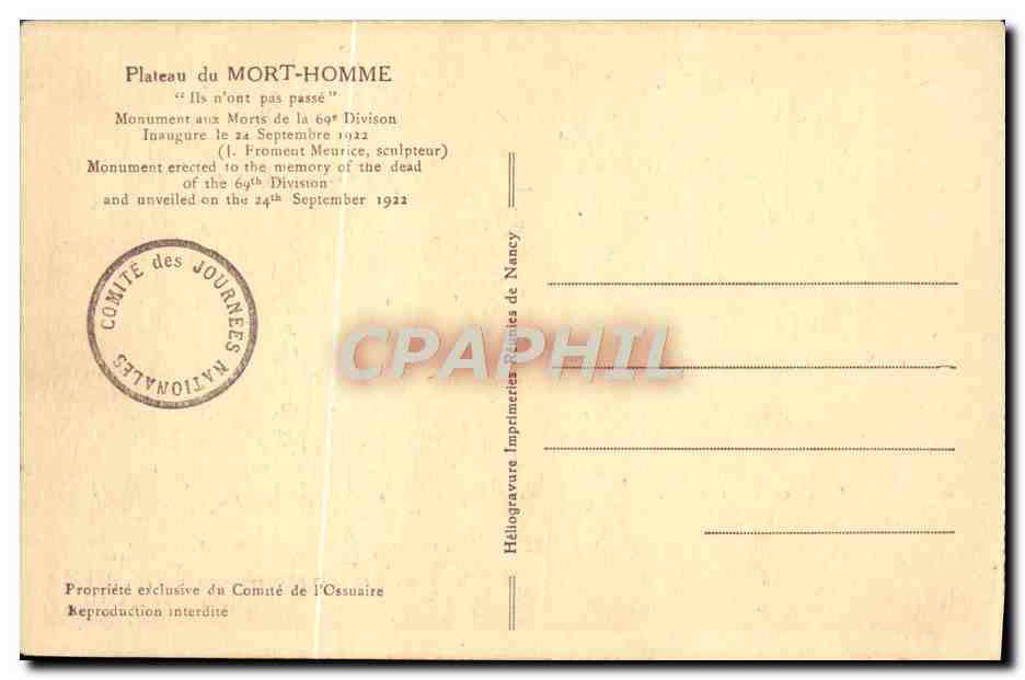 CPA Plateau du Mort Homme Monument aux morts de la 69eme division Militaria  — Rückseite
