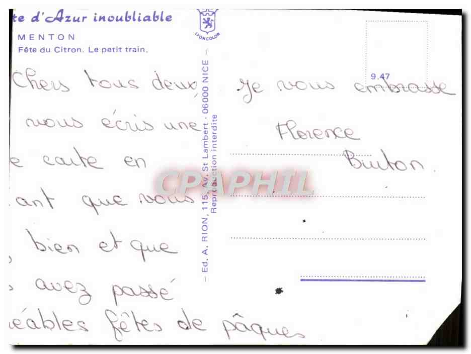 CPM Menton Fete Du Citon — Verso