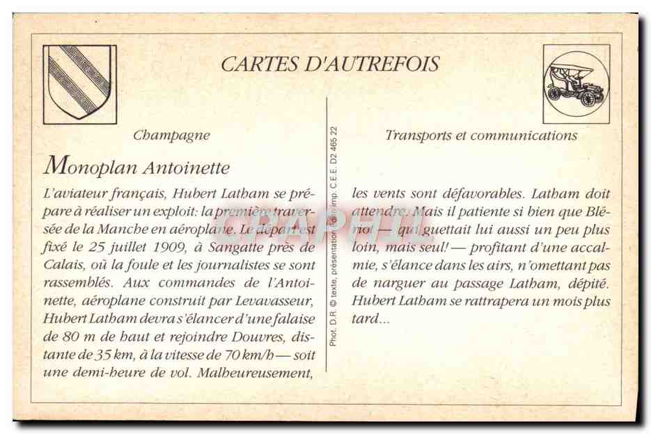 REPRO Champagne Monoplan antoinette L'aviateur Francais Hubert Latham  — Rückseite