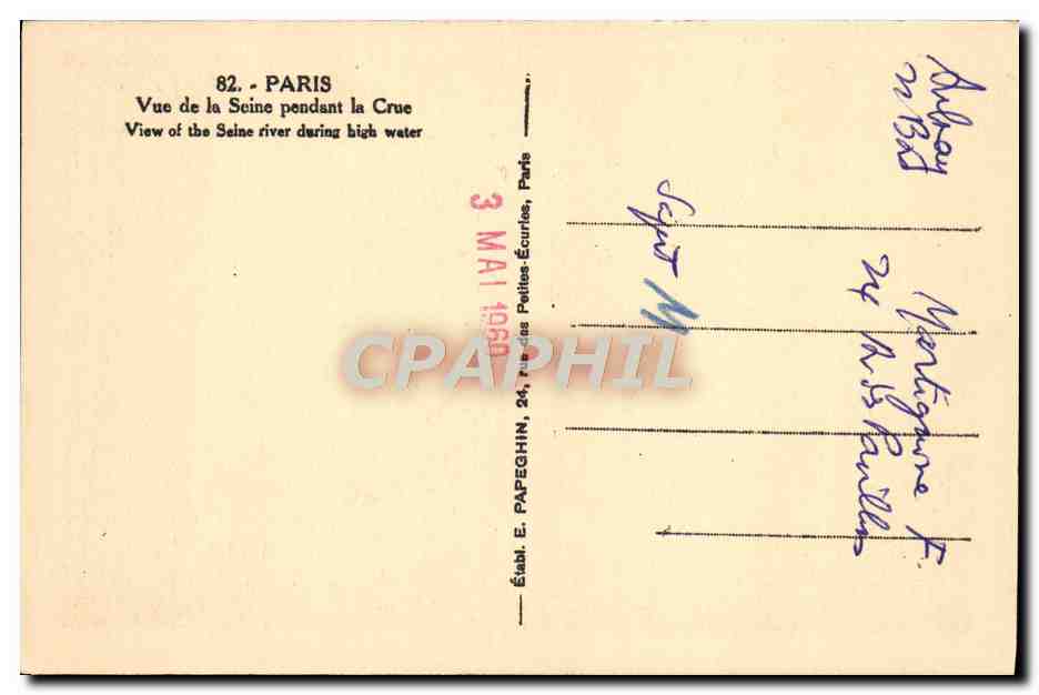 Paris — Vue de la Seine pendant la Crue — Éditeur E. Papeghin, 24, rue des Petites-Écuries, Paris — Rückseite