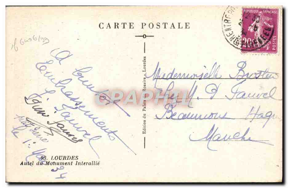 CPA Lourdes Autel Du Monument Interallie Militaria — Verso