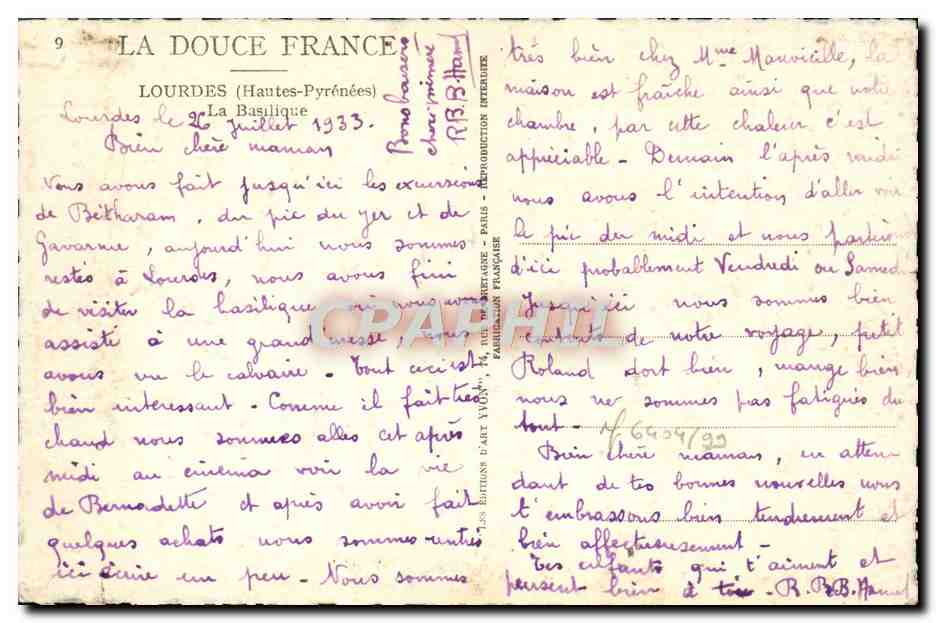 CPA La Douce France Lourdes La Basilique — Verso