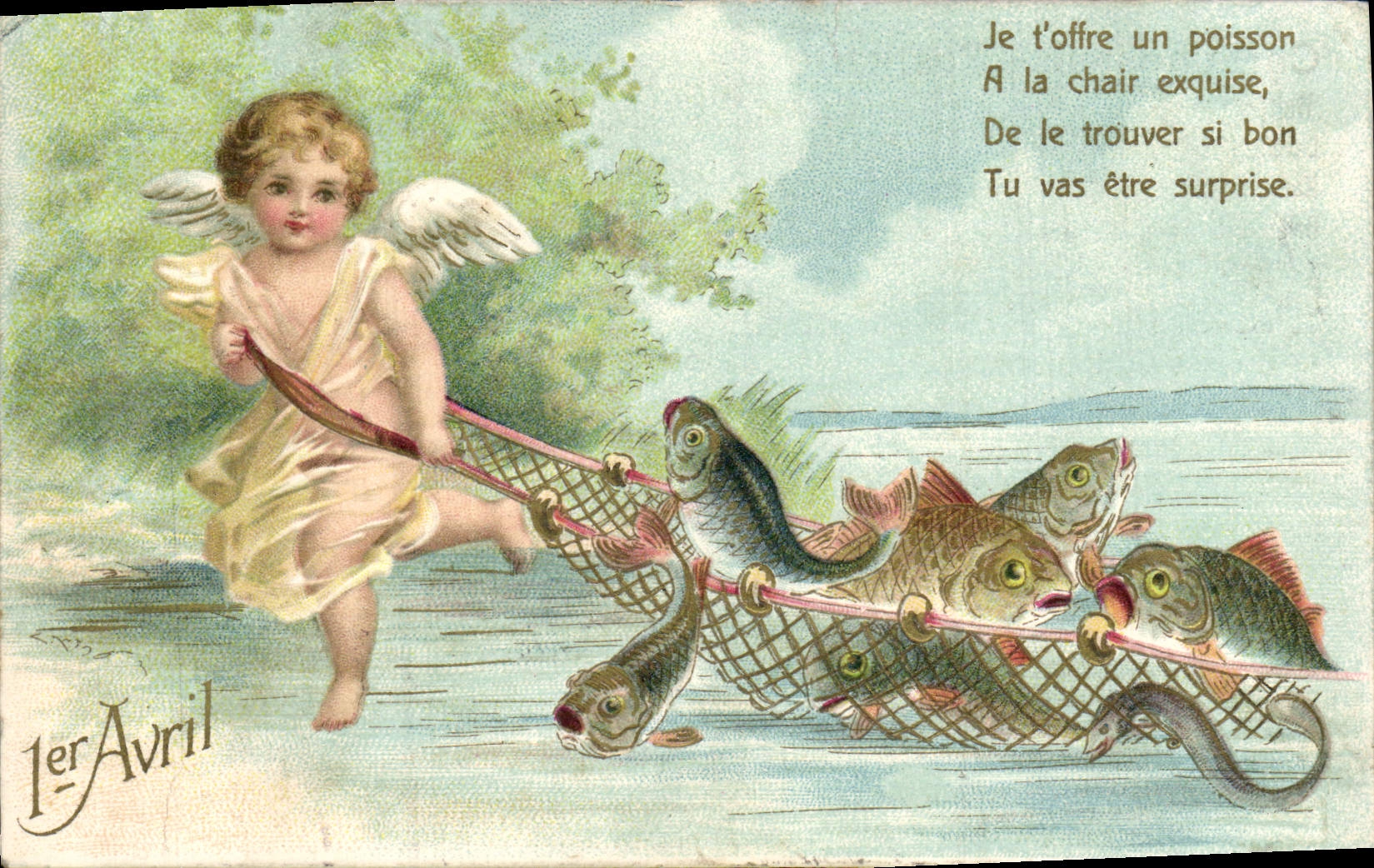 CPA Fantaisie Enfant Ange Poissons 1er Avril