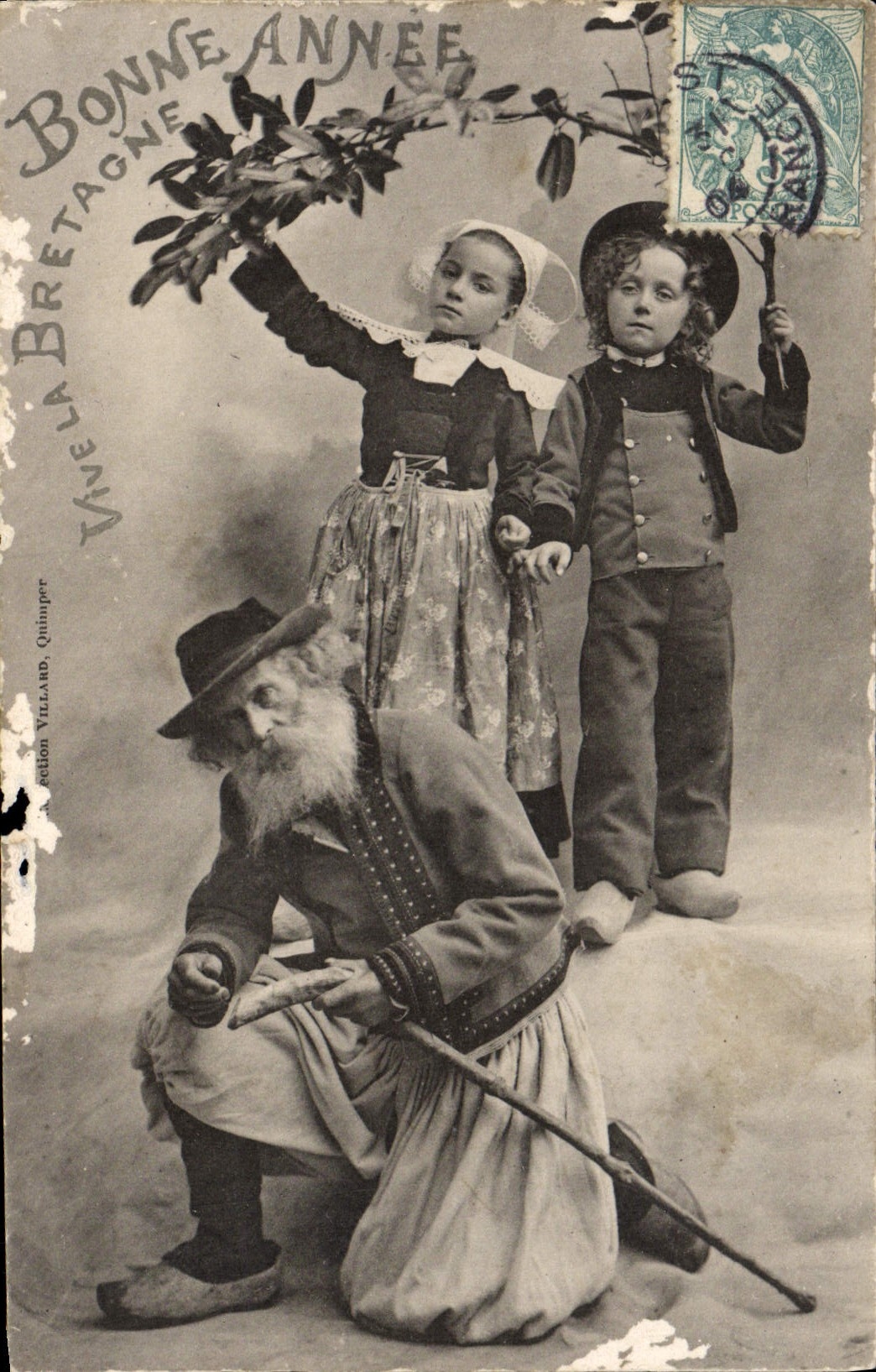 CPA Fantaisie Enfant Grand pere Bonne Annee Folklore Bretagne