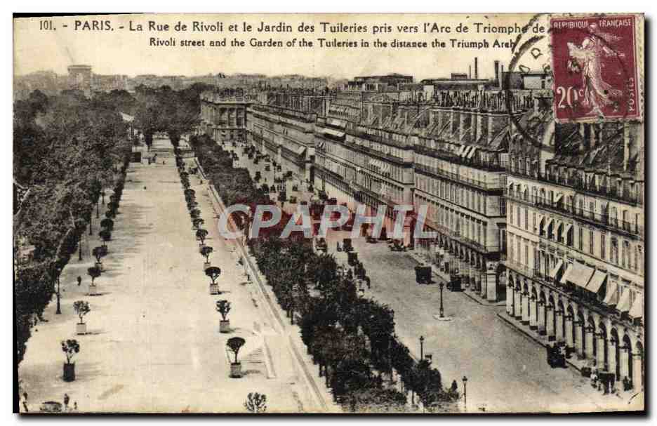 CPA Paris La rue de Rivoli et le jardin des Tuileries pris vers l'Arc de TRiomphe 