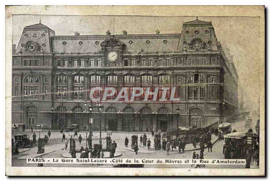 Tarjeta postal antigua París Estación Saint Lazare Cote de la Cour Du Havre y la rue d'Amsterdam