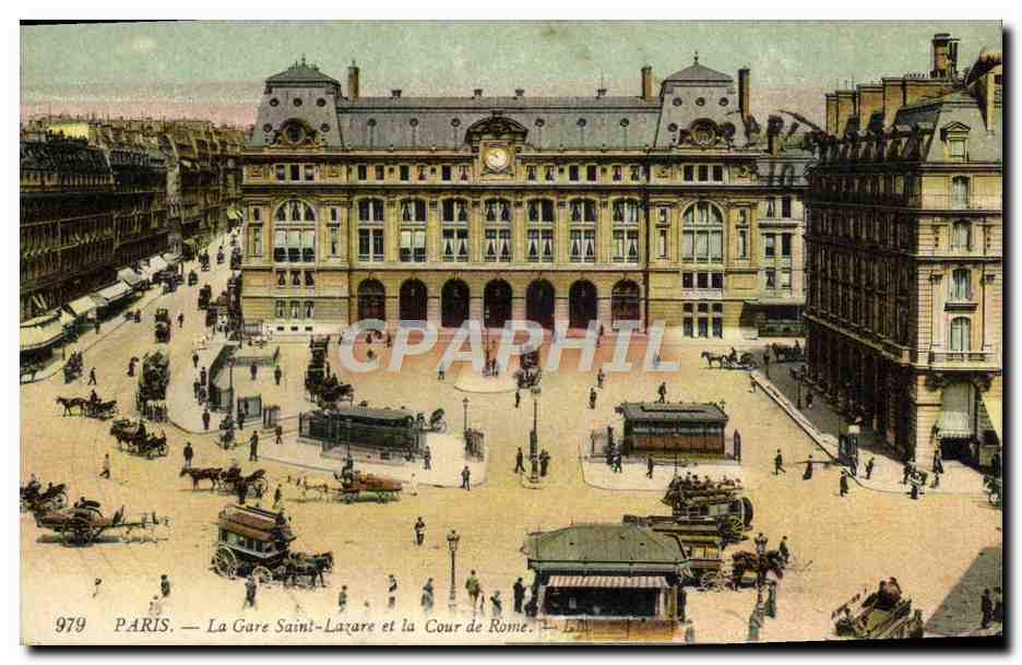 CPA Paris Gare Saint Lazare et la cour de Rome Tramway